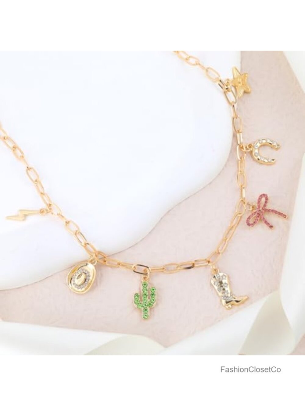 Western Charm Pendant Necklace Stars Horseshoe Cowboy Boots Cactus Lightning - Picture 3 of 4